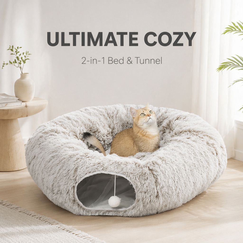 Cat Donut Tunnel with Soft Plush Circle Cushion for Indoor
