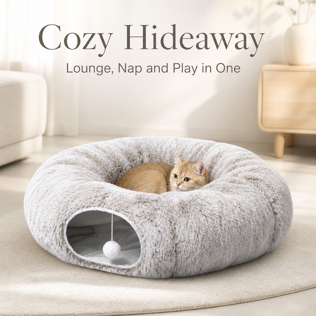 Cat Donut Tunnel with Soft Plush Circle Cushion for Indoor