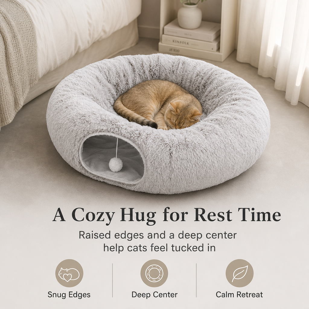 Cat Donut Tunnel with Soft Plush Circle Cushion for Indoor