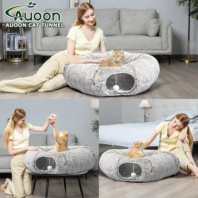 Cat Donut Tunnel with Soft Plush Circle Cushion for Indoor