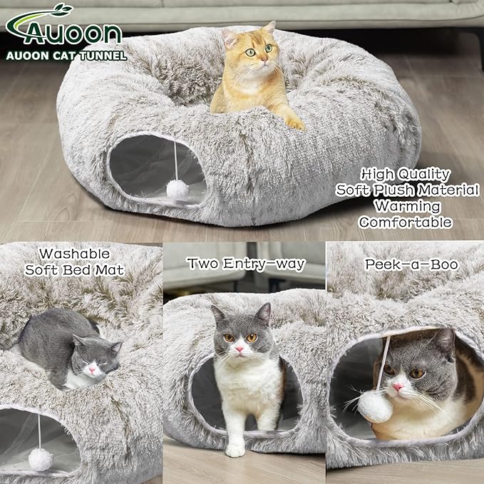 Cat Donut Tunnel with Soft Plush Circle Cushion for Indoor