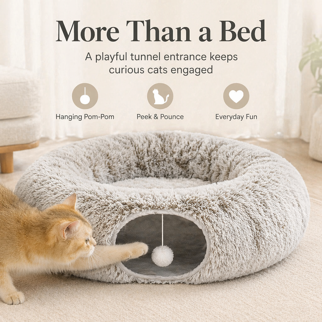 Cat Donut Tunnel with Soft Plush Circle Cushion for Indoor