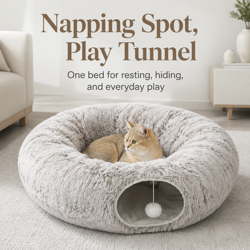 Cat Donut Tunnel with Soft Plush Circle Cushion for Indoor
